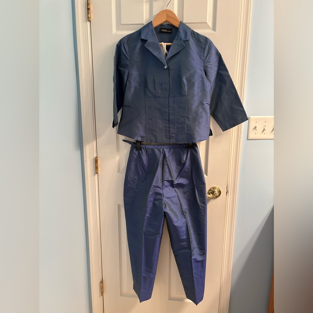 Valerie Stevens petite blue shimmery silk blouse and pants. S top; PM bottom